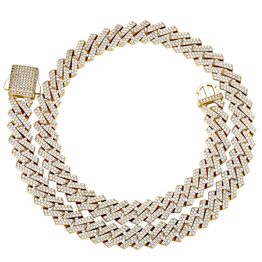 14mm Diamond Prong Cuban Chain in Yellow Gold