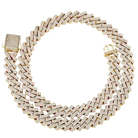 14mm Diamond Prong Cuban Chain in Yellow Gold