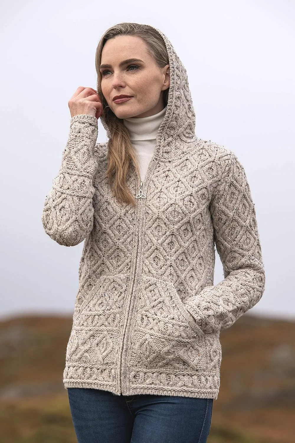 Aran Crafts Women's Soft Cable Knit Honeycomb Hood Cardigan (100% Merino Wool)