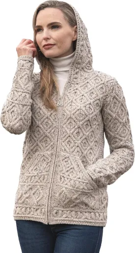 Aran Crafts Women's Soft Cable Knit Honeycomb Hood Cardigan (100% Merino Wool)