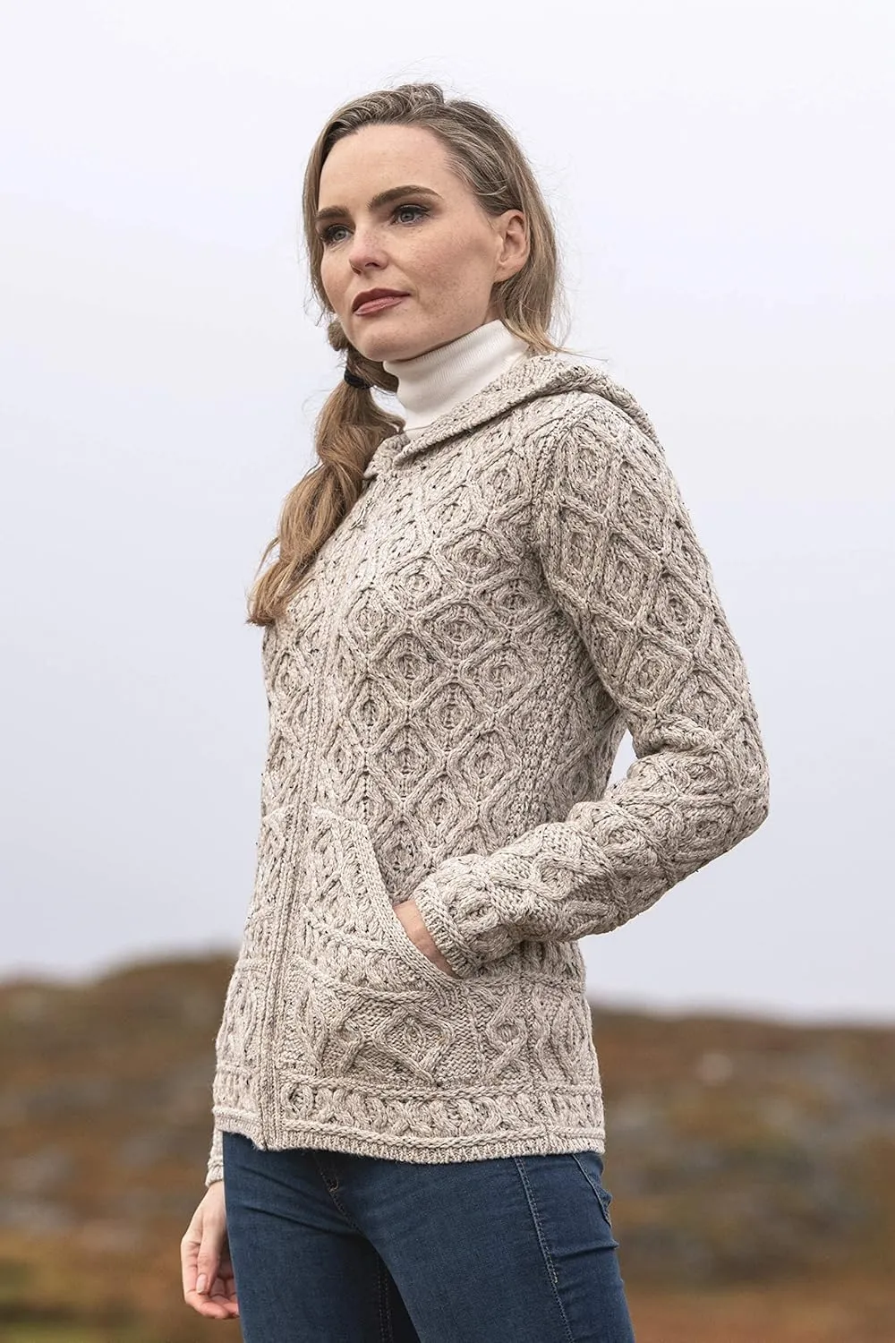 Aran Crafts Women's Soft Cable Knit Honeycomb Hood Cardigan (100% Merino Wool)