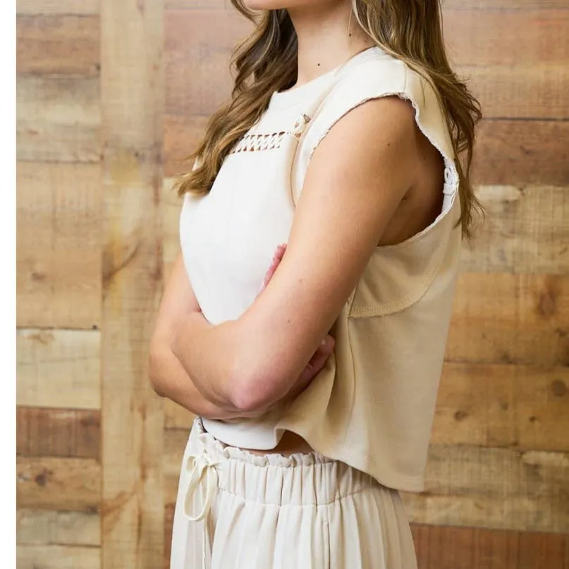 Beige Eyelet Knit Sleeveless Top