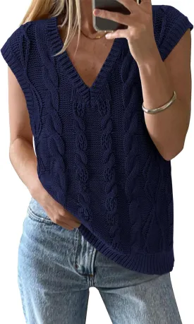 BTFBM Womens Oversized Sweater Vest 2025 Summer V Neck Casual Sleeveless Sweaters Loose Cable Knit Pullover Tops