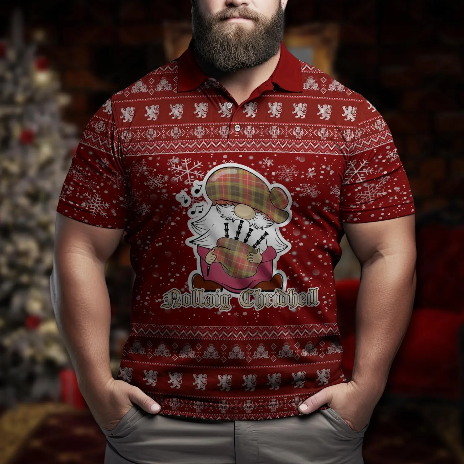 Buchanan Old Set Weathered Clan Christmas Family Polo Shirt with Funny Gnome Playing Bagpipes