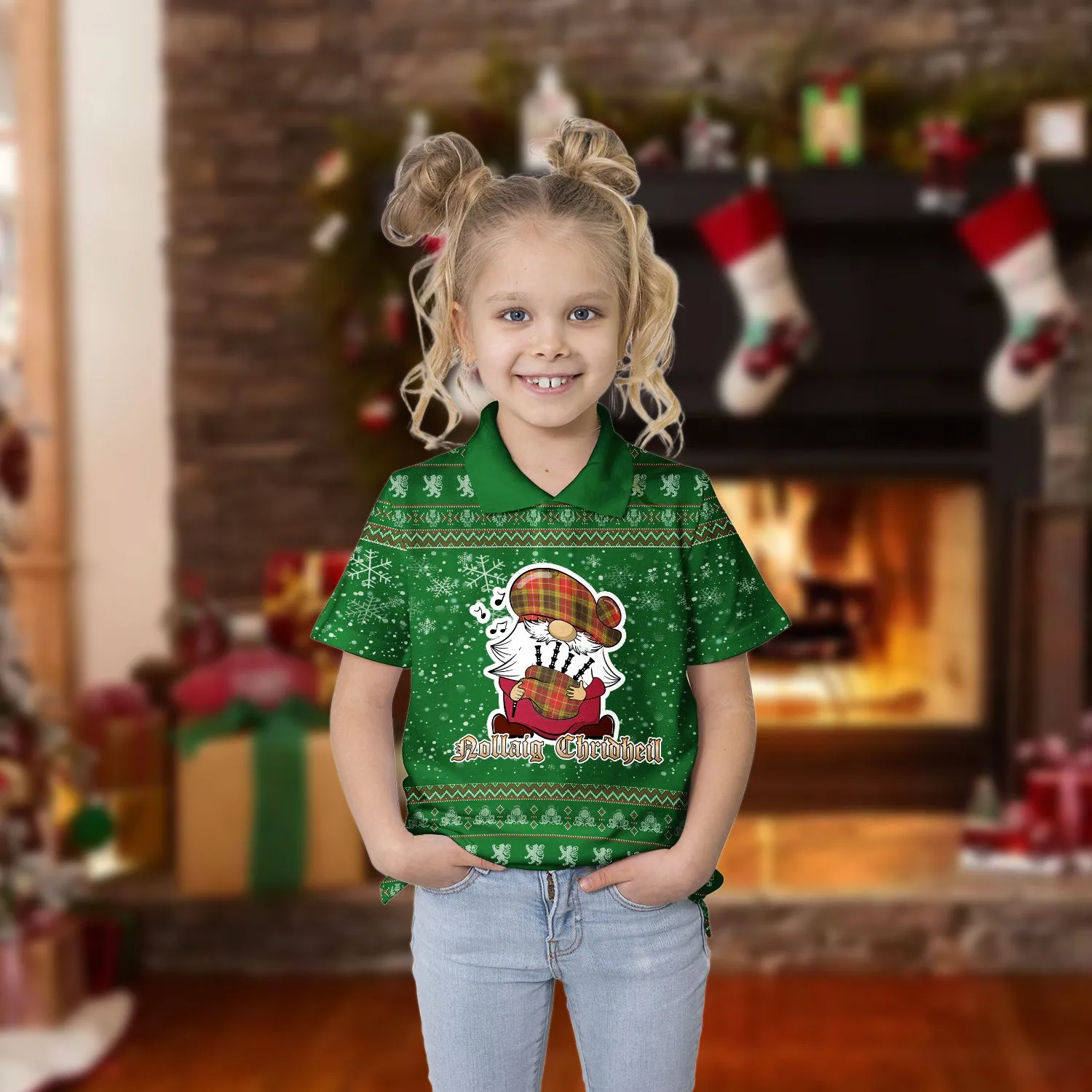 Buchanan Old Set Weathered Clan Christmas Family Polo Shirt with Funny Gnome Playing Bagpipes