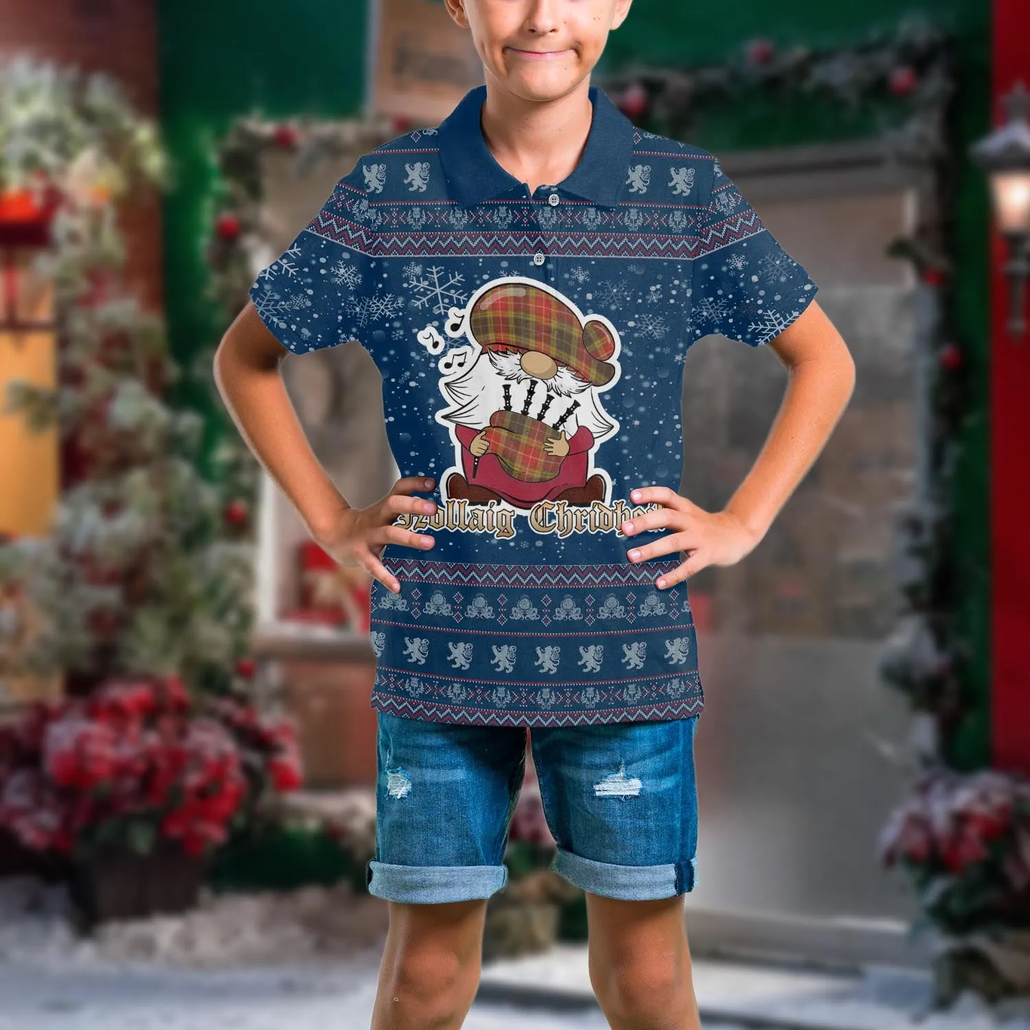 Buchanan Old Set Weathered Clan Christmas Family Polo Shirt with Funny Gnome Playing Bagpipes
