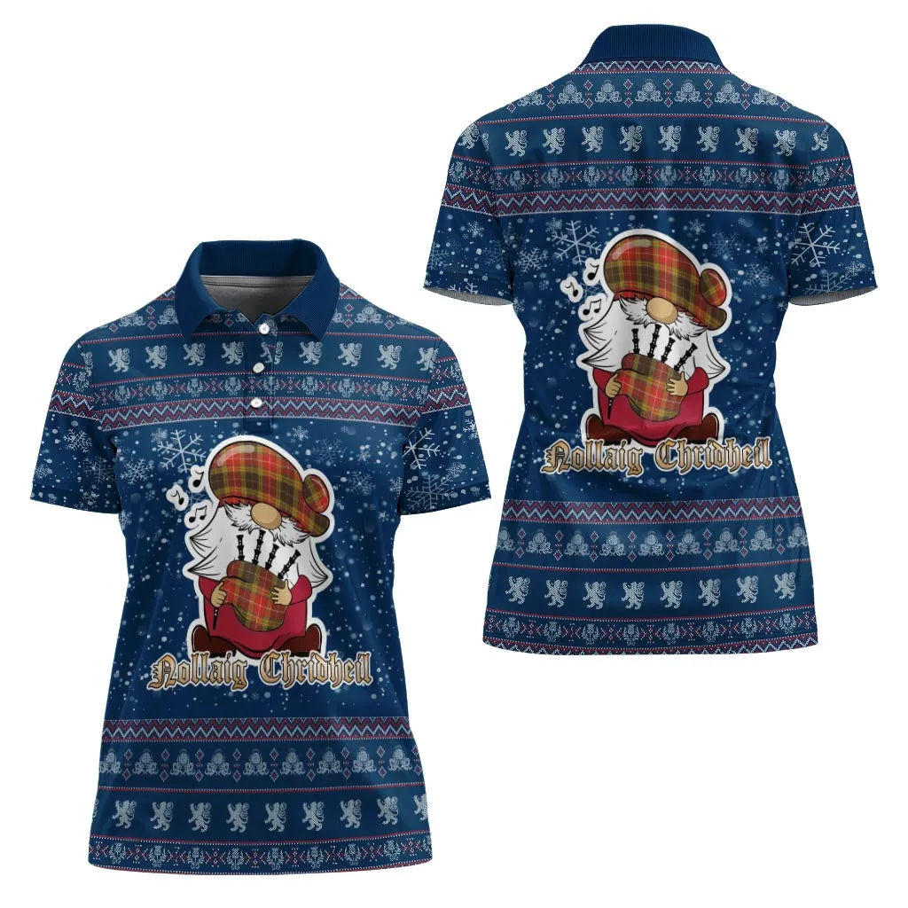 Buchanan Old Set Weathered Clan Christmas Family Polo Shirt with Funny Gnome Playing Bagpipes