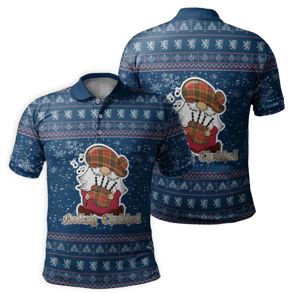 Buchanan Old Set Weathered Clan Christmas Family Polo Shirt with Funny Gnome Playing Bagpipes