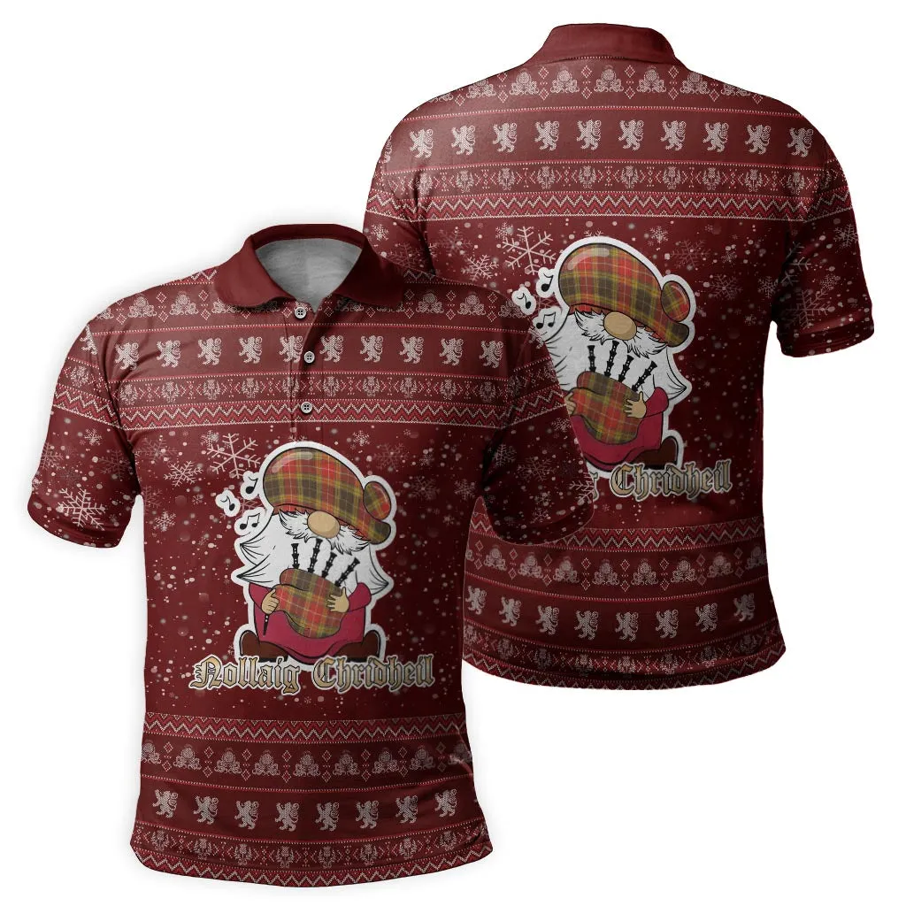 Buchanan Old Set Weathered Clan Christmas Family Polo Shirt with Funny Gnome Playing Bagpipes