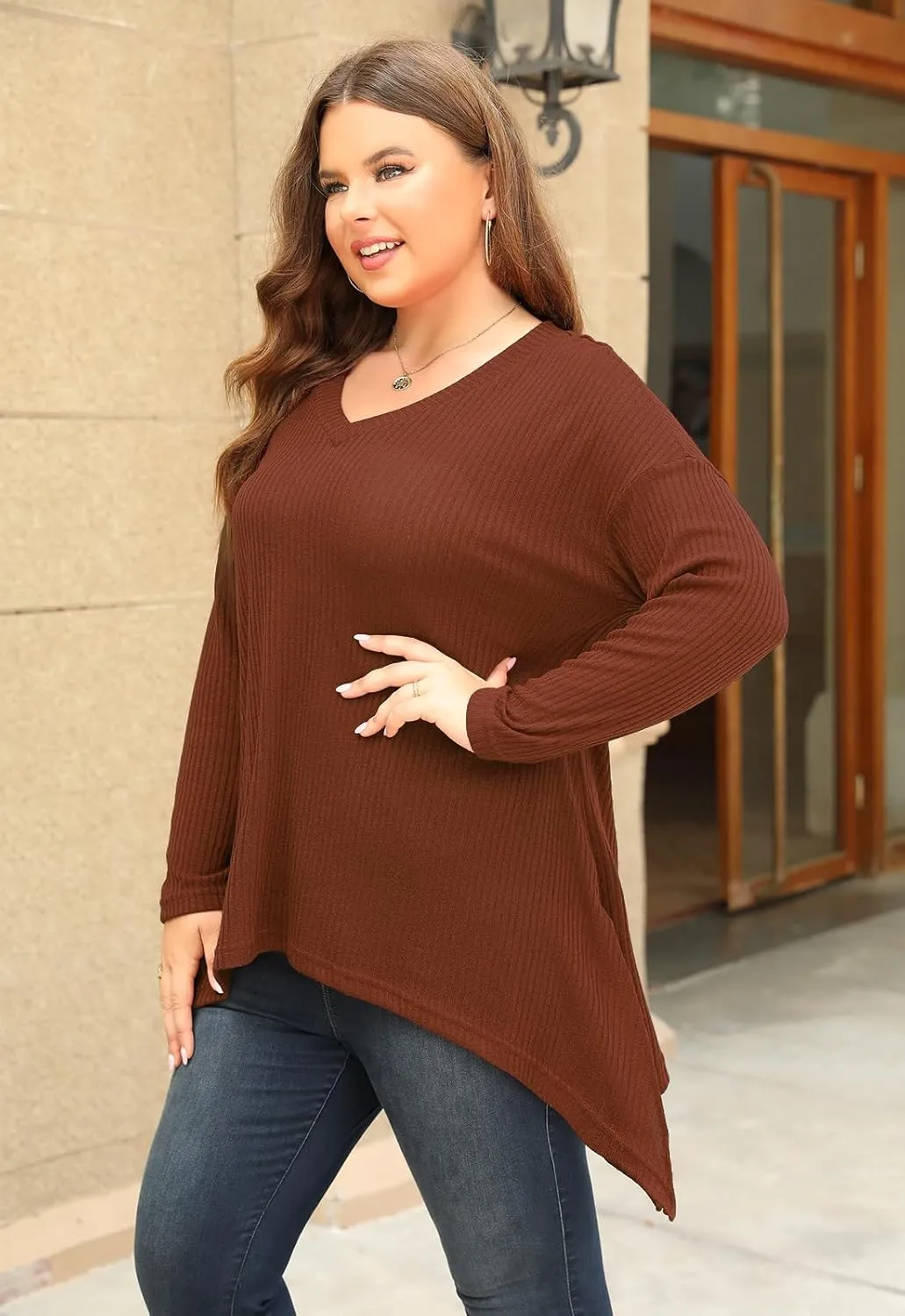 Celkuser Women's Plus Size V-Neck Tunic Top Long Sleeve Knit Side Slit Casual Loose Shirts for Leggings or Jeans