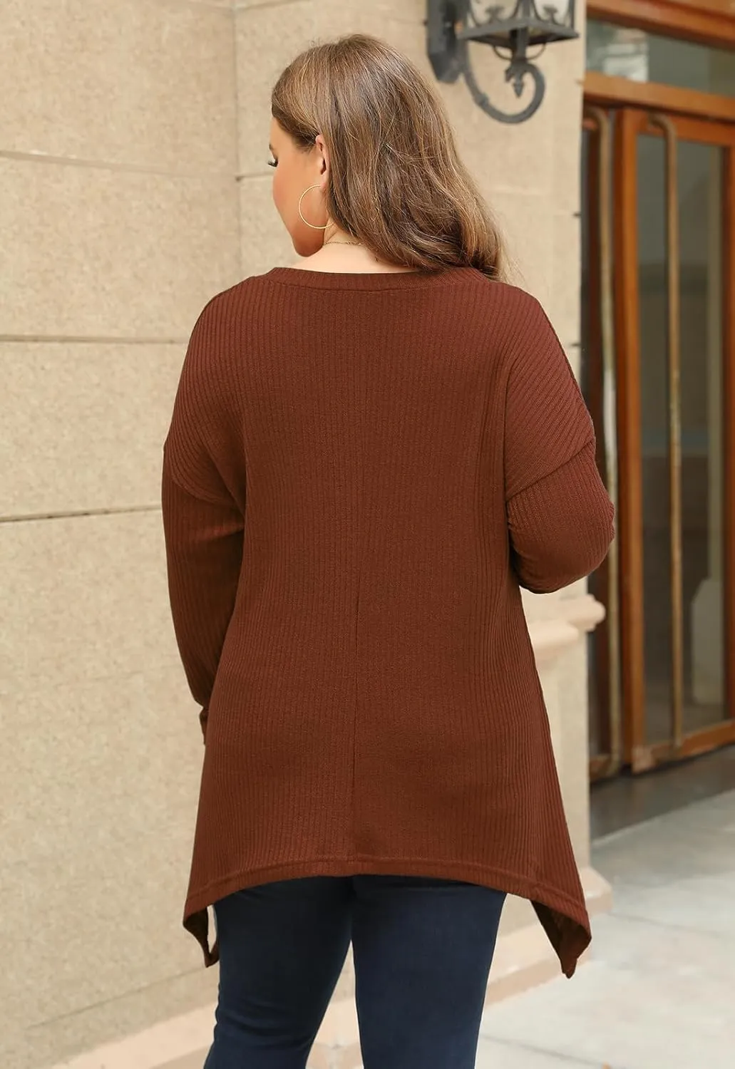 Celkuser Women's Plus Size V-Neck Tunic Top Long Sleeve Knit Side Slit Casual Loose Shirts for Leggings or Jeans
