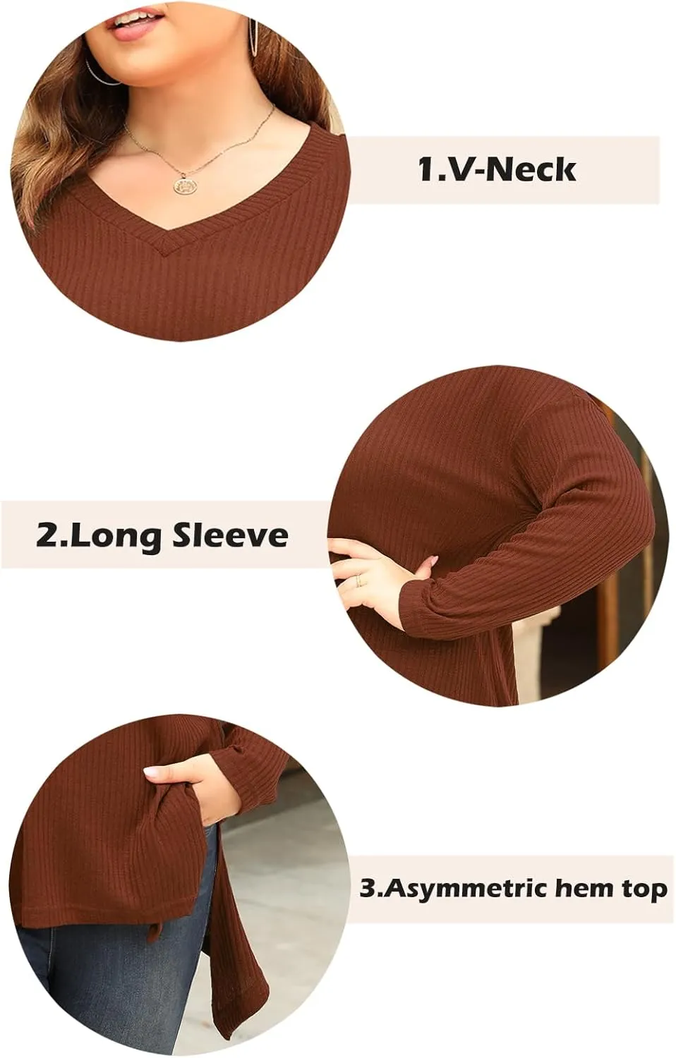 Celkuser Women's Plus Size V-Neck Tunic Top Long Sleeve Knit Side Slit Casual Loose Shirts for Leggings or Jeans