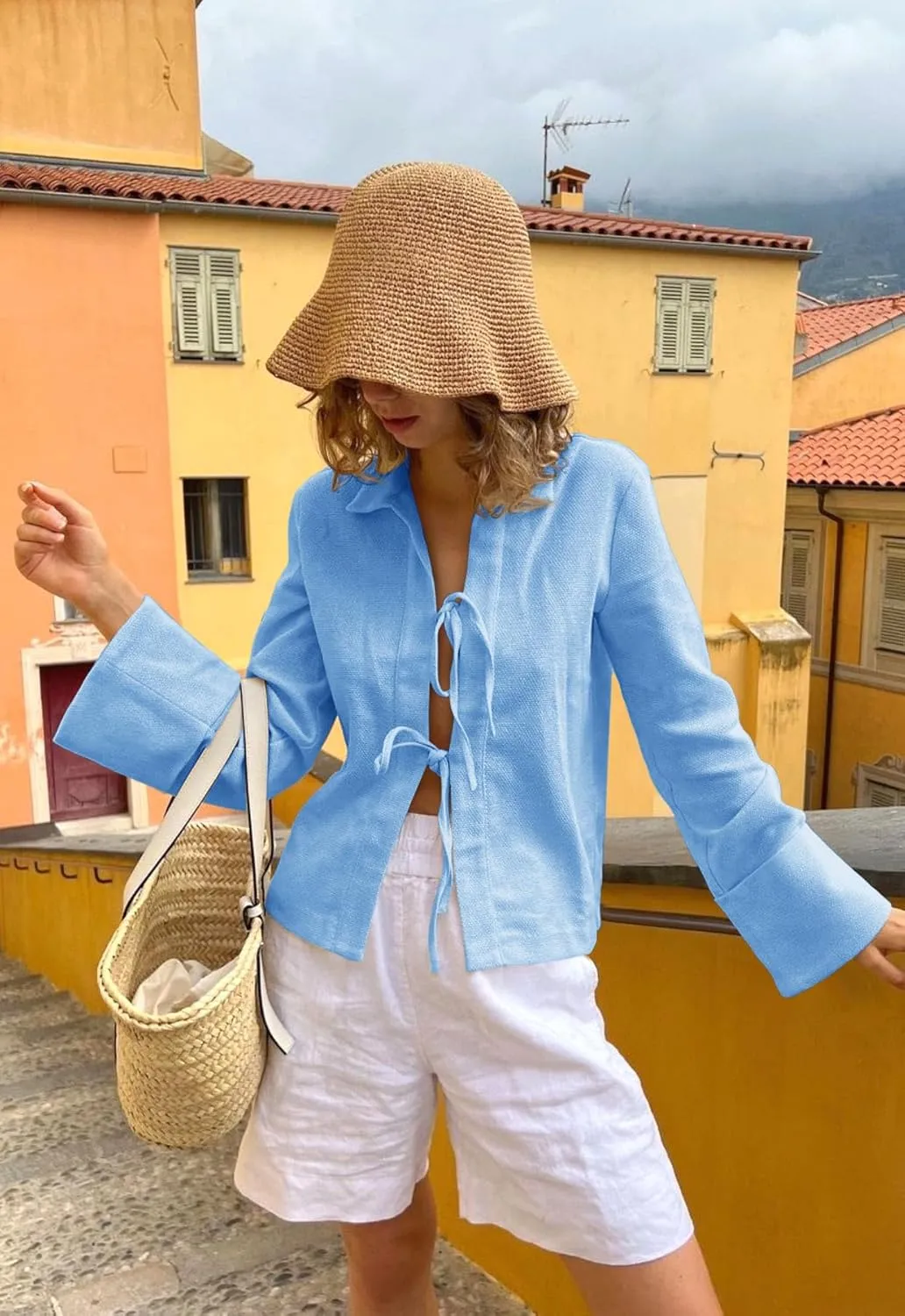 Cicy Bell Womens Going Out Tops Cute Tie Front Tops Bell Long Sleeve Bow Shirts Summer Blouses