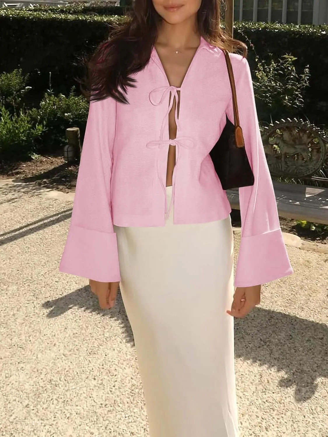 Cicy Bell Womens Going Out Tops Cute Tie Front Tops Bell Long Sleeve Bow Shirts Summer Blouses