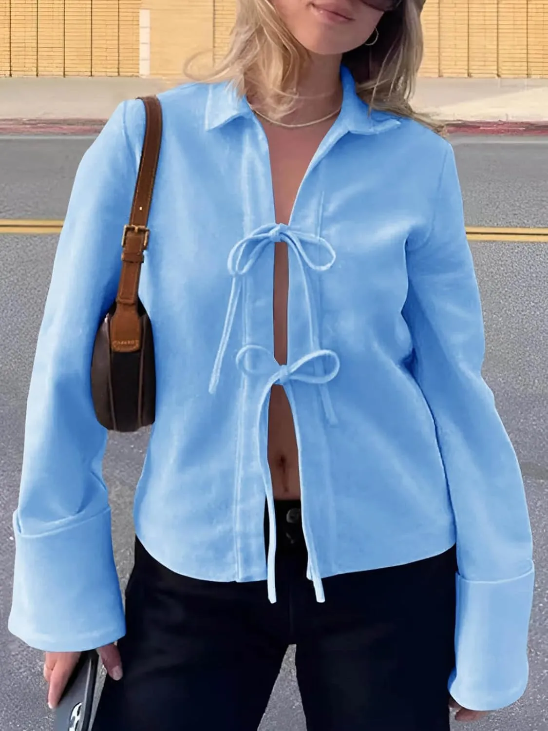Cicy Bell Womens Going Out Tops Cute Tie Front Tops Bell Long Sleeve Bow Shirts Summer Blouses