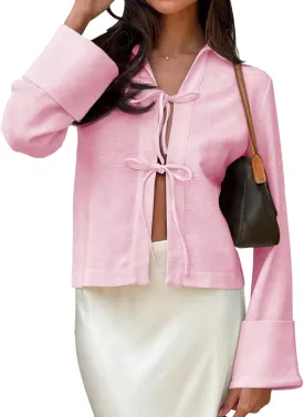 Cicy Bell Womens Going Out Tops Cute Tie Front Tops Bell Long Sleeve Bow Shirts Summer Blouses