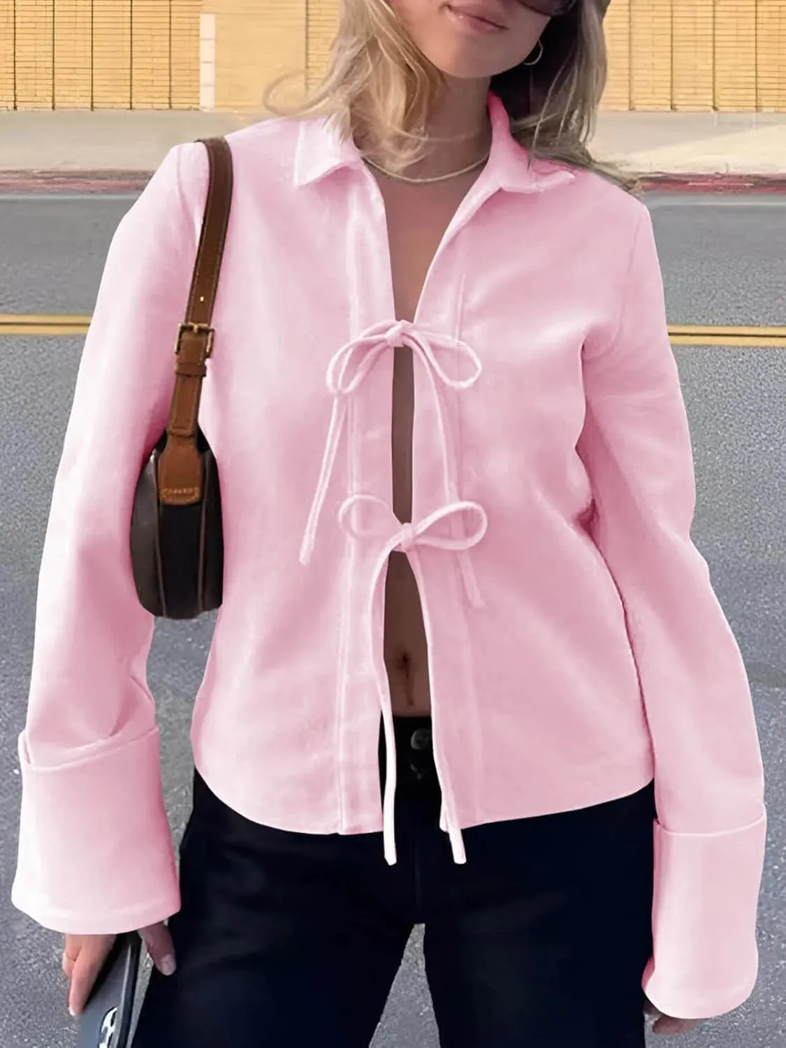 Cicy Bell Womens Going Out Tops Cute Tie Front Tops Bell Long Sleeve Bow Shirts Summer Blouses