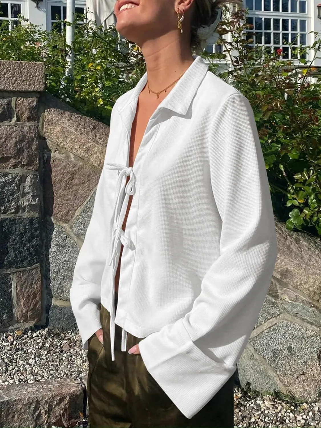 Cicy Bell Womens Going Out Tops Cute Tie Front Tops Bell Long Sleeve Bow Shirts Summer Blouses