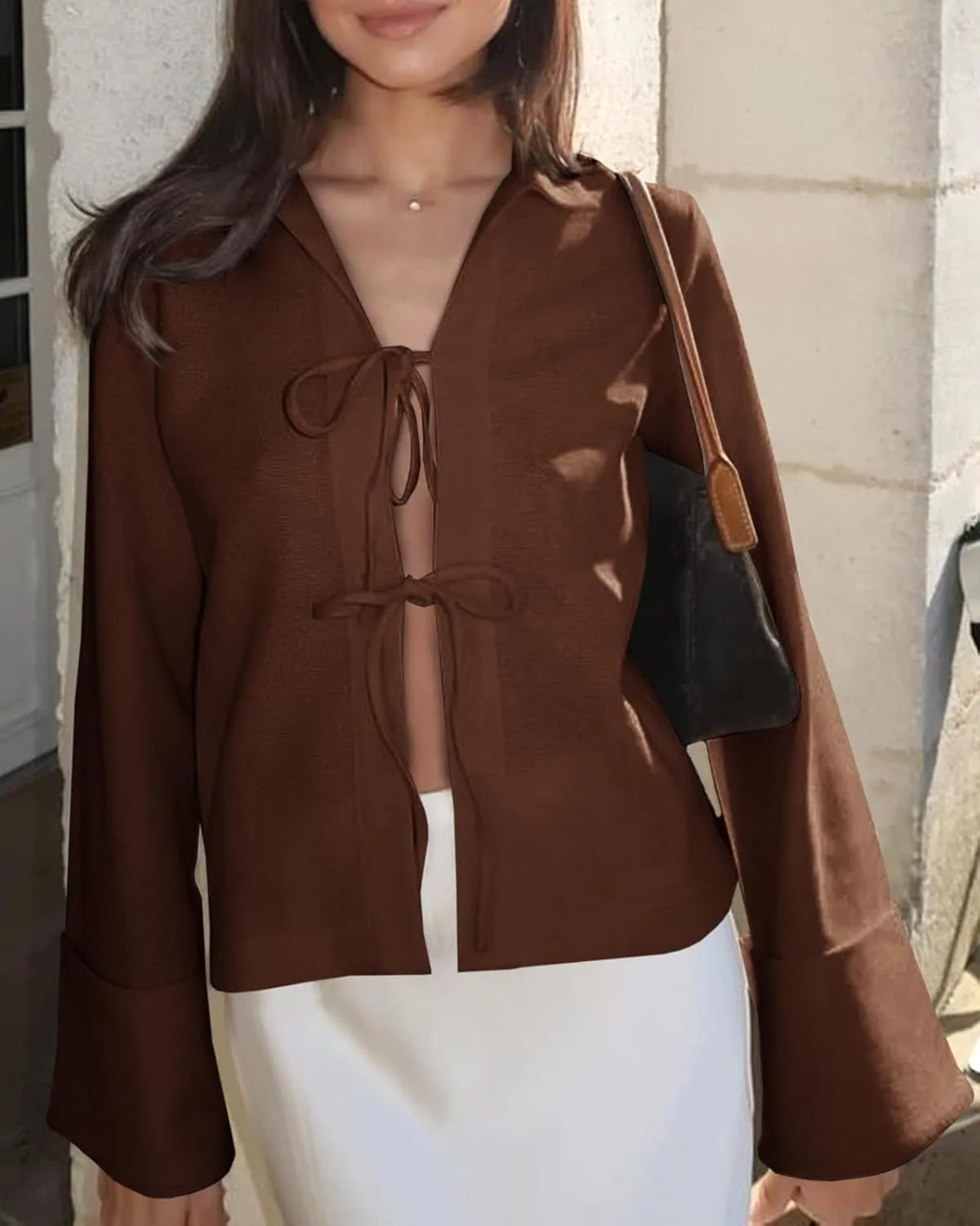 Cicy Bell Womens Going Out Tops Cute Tie Front Tops Bell Long Sleeve Bow Shirts Summer Blouses