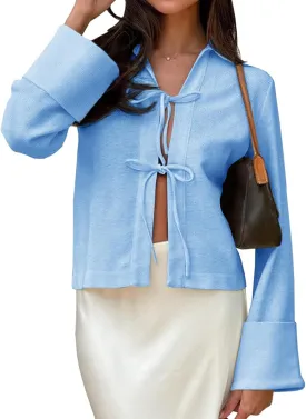 Cicy Bell Womens Going Out Tops Cute Tie Front Tops Bell Long Sleeve Bow Shirts Summer Blouses