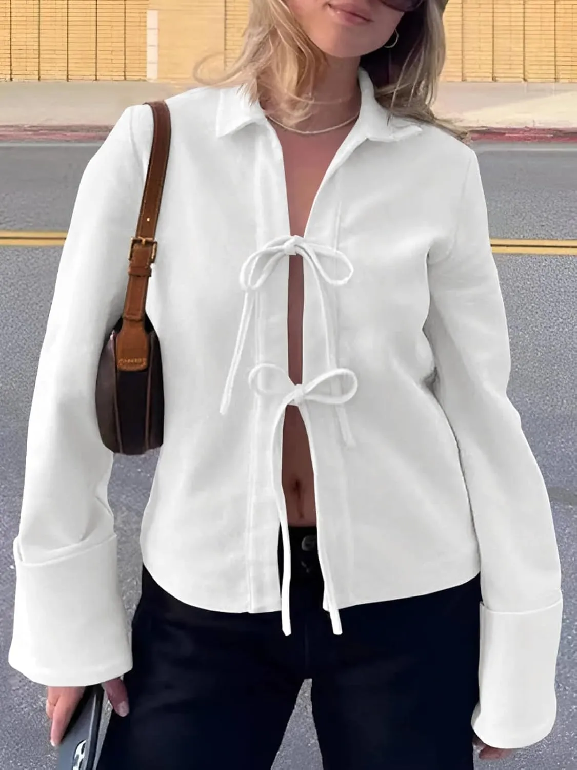 Cicy Bell Womens Going Out Tops Cute Tie Front Tops Bell Long Sleeve Bow Shirts Summer Blouses