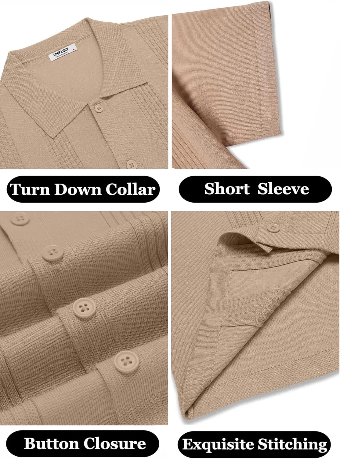 COOFANDY Men's Knit Shirt Short Sleeve Button Down Vintage Polo Shirts Casual Summer Beach Shirts