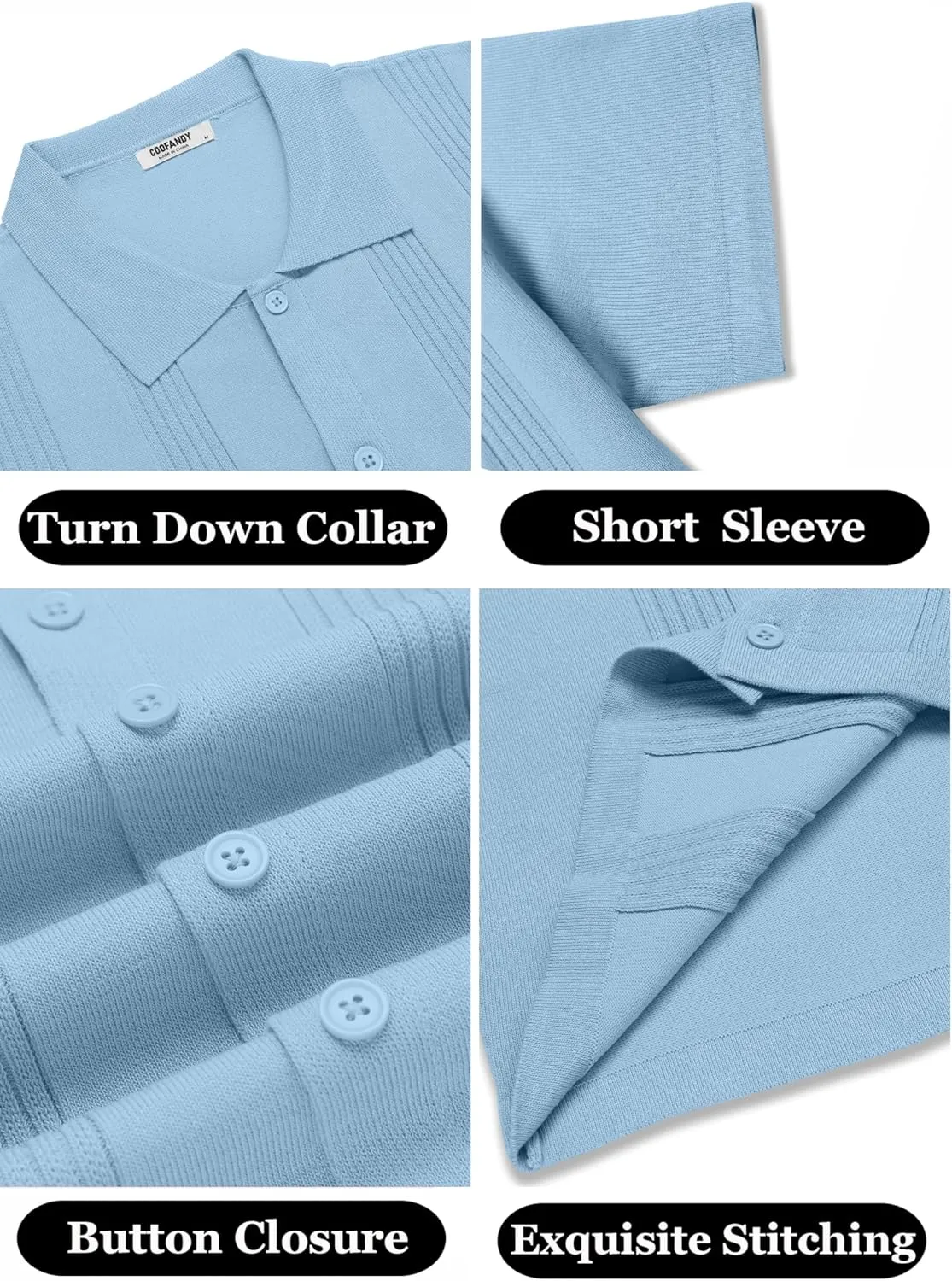 COOFANDY Men's Knit Shirt Short Sleeve Button Down Vintage Polo Shirts Casual Summer Beach Shirts