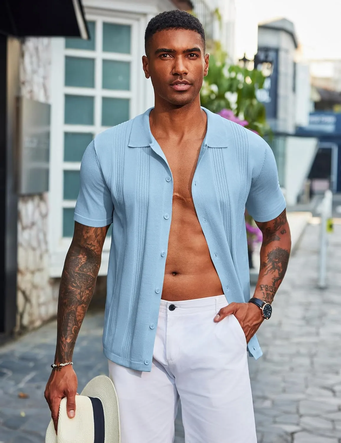 COOFANDY Men's Knit Shirt Short Sleeve Button Down Vintage Polo Shirts Casual Summer Beach Shirts