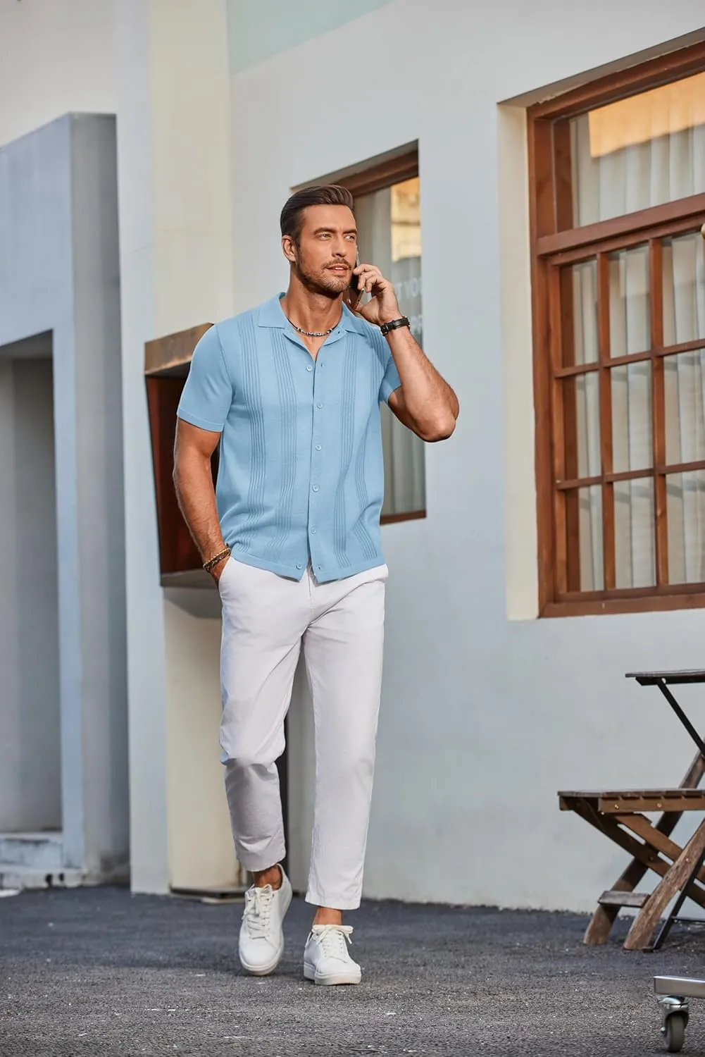 COOFANDY Men's Knit Shirt Short Sleeve Button Down Vintage Polo Shirts Casual Summer Beach Shirts