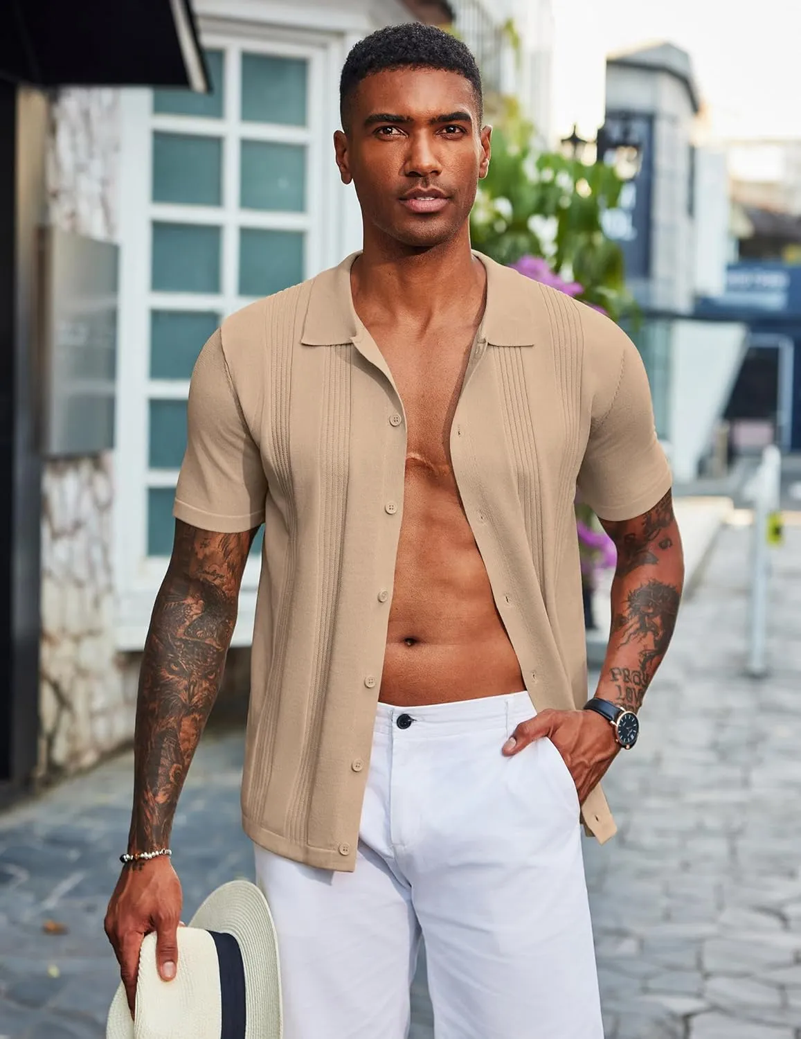 COOFANDY Men's Knit Shirt Short Sleeve Button Down Vintage Polo Shirts Casual Summer Beach Shirts