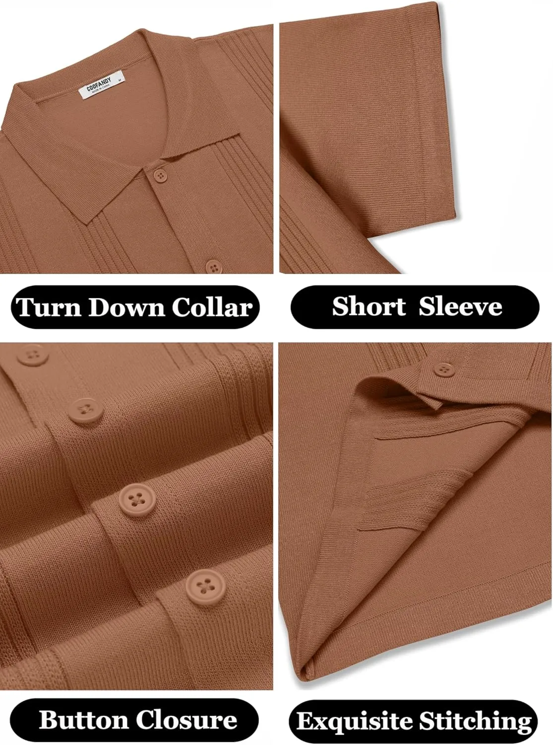COOFANDY Men's Knit Shirt Short Sleeve Button Down Vintage Polo Shirts Casual Summer Beach Shirts