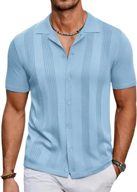 COOFANDY Men's Knit Shirt Short Sleeve Button Down Vintage Polo Shirts Casual Summer Beach Shirts