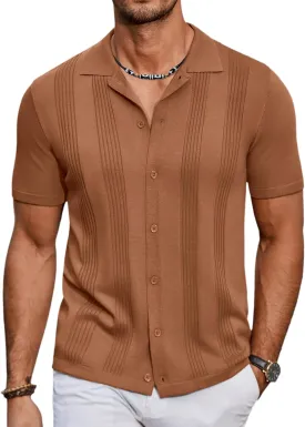 COOFANDY Men's Knit Shirt Short Sleeve Button Down Vintage Polo Shirts Casual Summer Beach Shirts