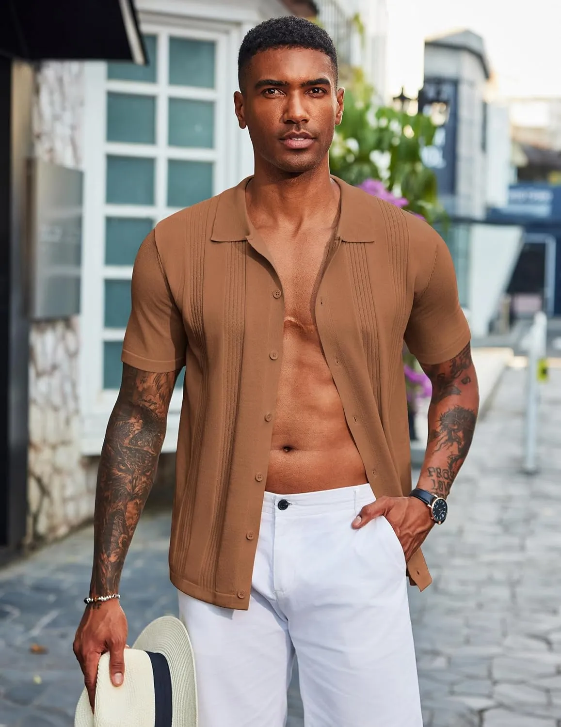 COOFANDY Men's Knit Shirt Short Sleeve Button Down Vintage Polo Shirts Casual Summer Beach Shirts