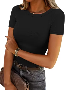 DB MOON Womens 2025 Short Sleeve Shirts Summer Casual Tops Crew Neck Basic Layer Ribbed Slim Fitted Tee