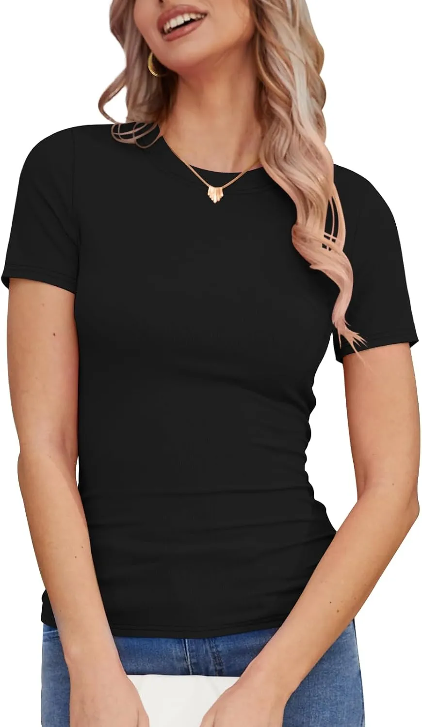 DB MOON Womens 2025 Short Sleeve Shirts Summer Casual Tops Crew Neck Basic Layer Ribbed Slim Fitted Tee