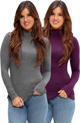 DEVOPS Womens 2 Pack Long Sleeve Mock Turtleneck Stretch Fitted Thermal Underlayer Shirts
