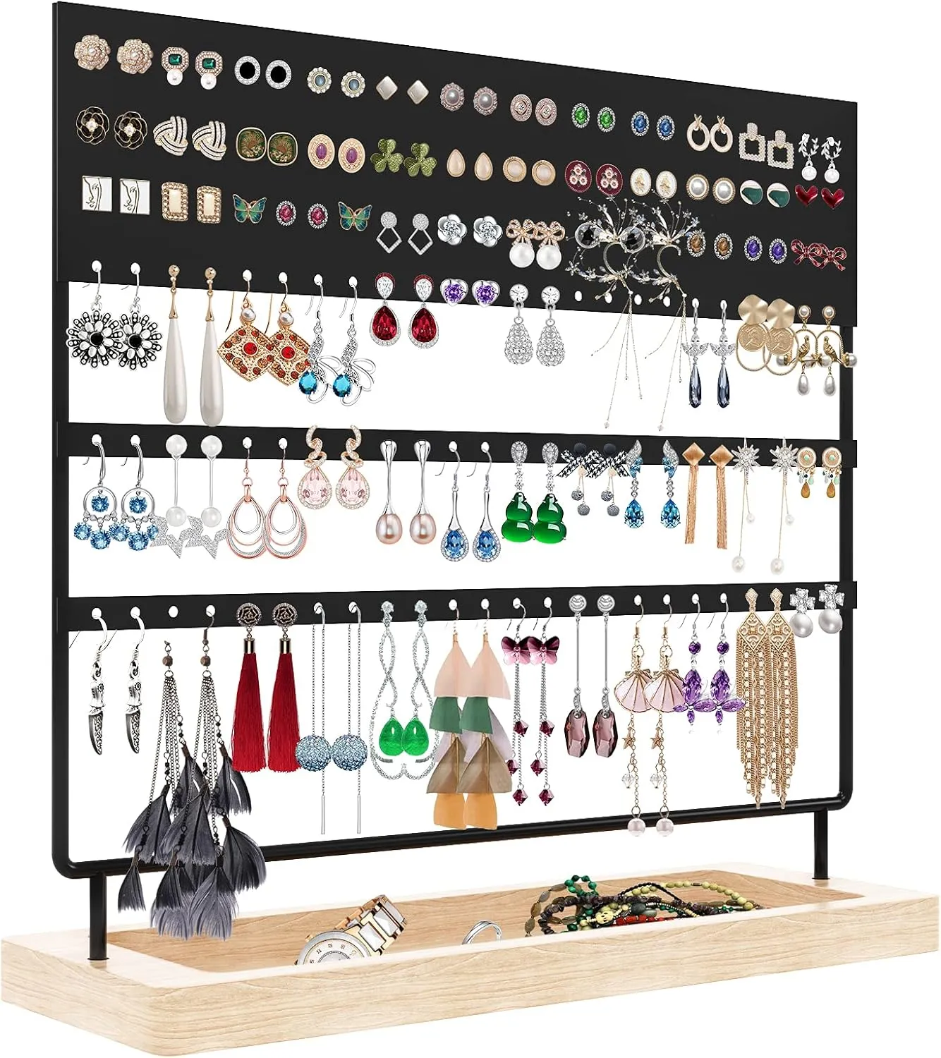 Earrings Organizer Holder,Jewelry Holder Stand Organizer for selling,3-Tier Earring Stand Display 144 Holes with Wooden Tray for Earrings,Ear Stud and Rings,Gifts for Women Girls(Black)