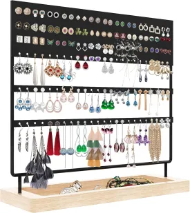 Earrings Organizer Holder,Jewelry Holder Stand Organizer for selling,3-Tier Earring Stand Display 144 Holes with Wooden Tray for Earrings,Ear Stud and Rings,Gifts for Women Girls(Black)