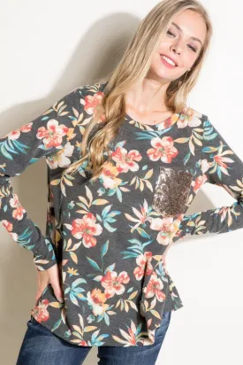 Floral Sequin Pocket Long Sleeve Top