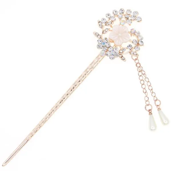 Flower Wreath Gold Finish Hair Stick with Mother-of-Pearl Rhinestones and Glass Pearl Tassels