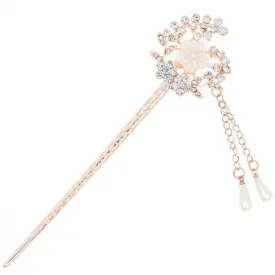 Flower Wreath Gold Finish Hair Stick with Mother-of-Pearl Rhinestones and Glass Pearl Tassels
