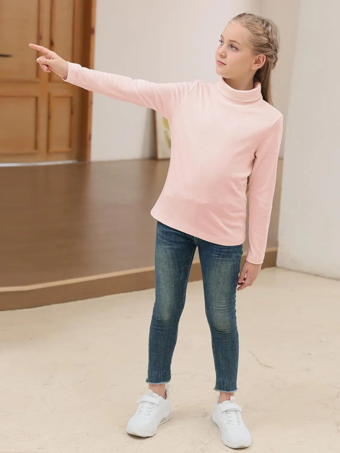 GORLYA 2 Pack Girls Turtleneck Long Sleeve Basic T-Shirt Mock Neck Soft Knit Slim Fitted Tee Tops Multipacks for 8-16Y