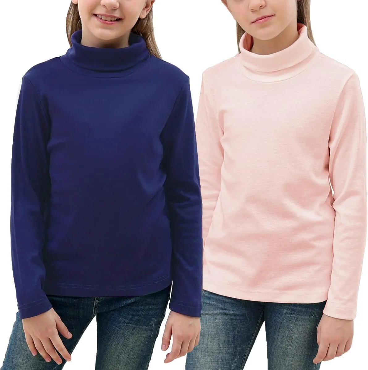 GORLYA 2 Pack Girls Turtleneck Long Sleeve Basic T-Shirt Mock Neck Soft Knit Slim Fitted Tee Tops Multipacks for 8-16Y