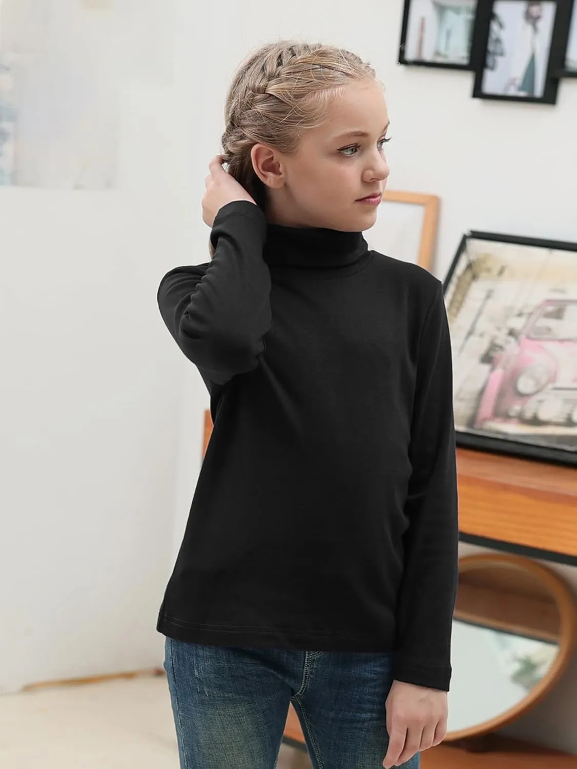 GORLYA 2 Pack Girls Turtleneck Long Sleeve Basic T-Shirt Mock Neck Soft Knit Slim Fitted Tee Tops Multipacks for 8-16Y