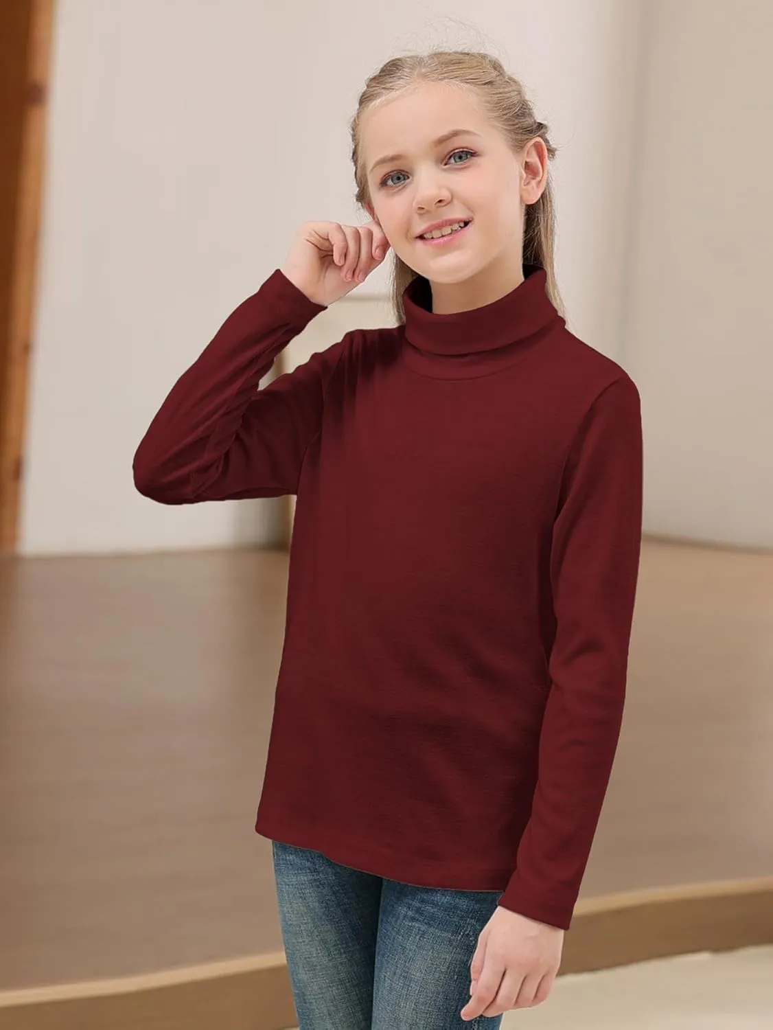 GORLYA 2 Pack Girls Turtleneck Long Sleeve Basic T-Shirt Mock Neck Soft Knit Slim Fitted Tee Tops Multipacks for 8-16Y