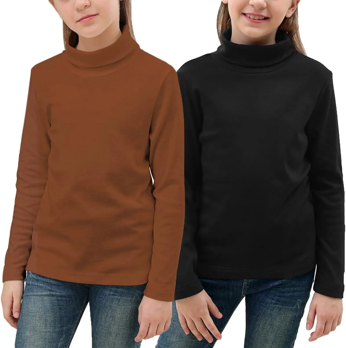 GORLYA 2 Pack Girls Turtleneck Long Sleeve Basic T-Shirt Mock Neck Soft Knit Slim Fitted Tee Tops Multipacks for 8-16Y