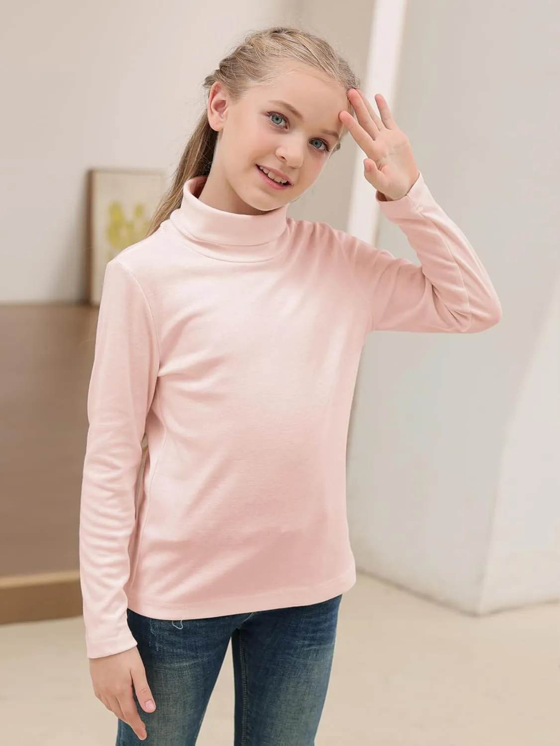 GORLYA 2 Pack Girls Turtleneck Long Sleeve Basic T-Shirt Mock Neck Soft Knit Slim Fitted Tee Tops Multipacks for 8-16Y