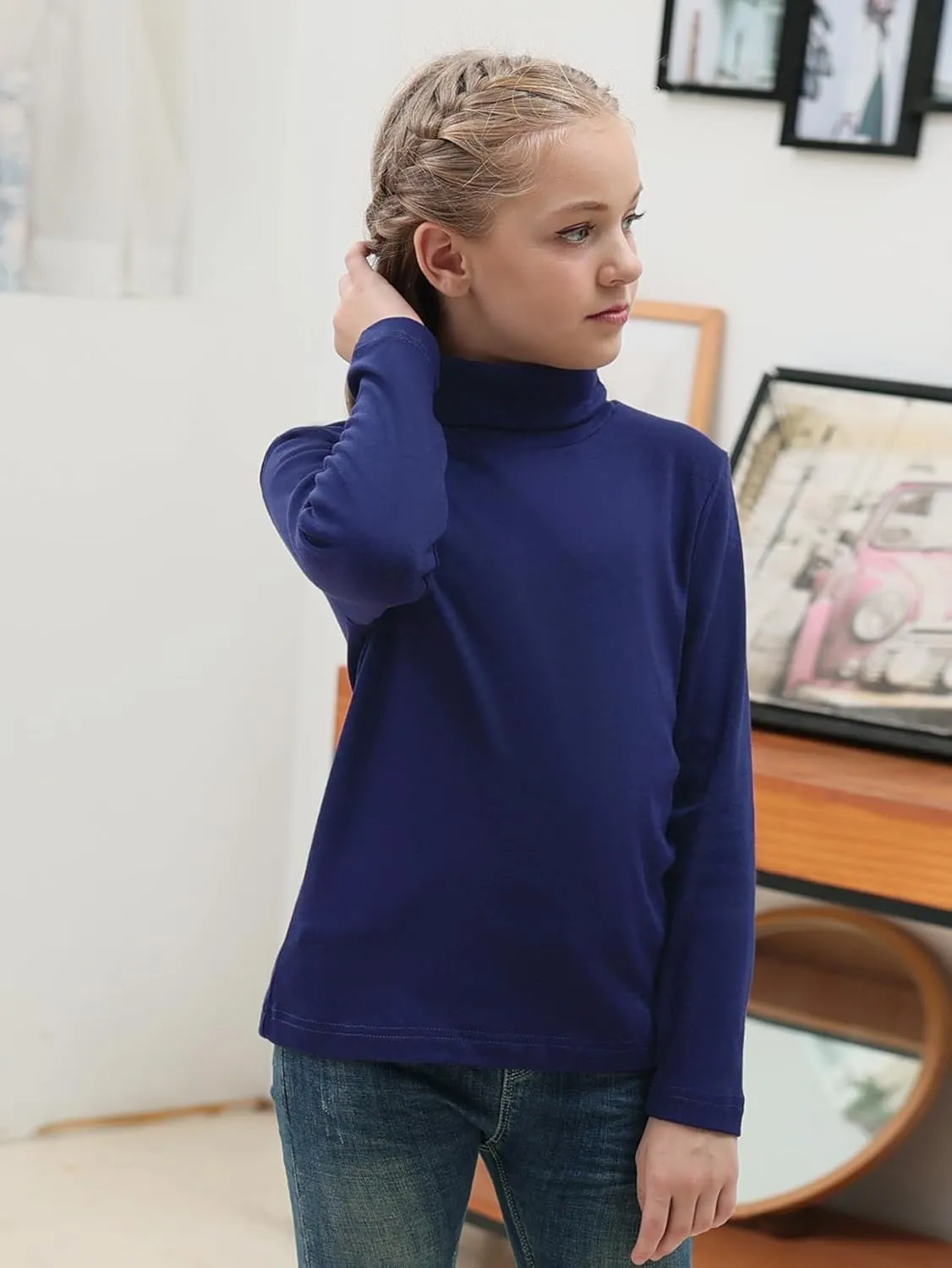 GORLYA 2 Pack Girls Turtleneck Long Sleeve Basic T-Shirt Mock Neck Soft Knit Slim Fitted Tee Tops Multipacks for 8-16Y