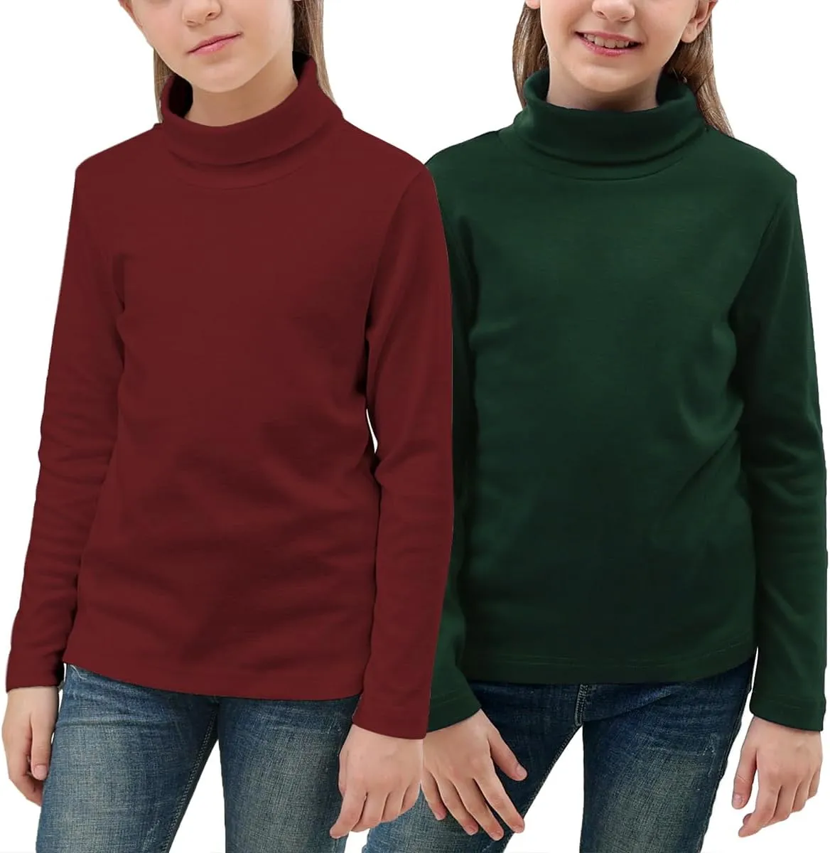 GORLYA 2 Pack Girls Turtleneck Long Sleeve Basic T-Shirt Mock Neck Soft Knit Slim Fitted Tee Tops Multipacks for 8-16Y